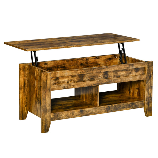 Lift-top coffee table with hidden storage compartment and open shelves, brown