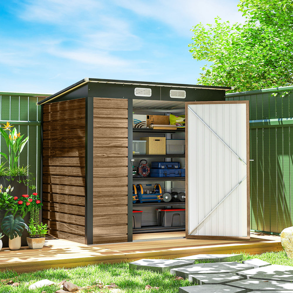 Galvanized metal garden shed with double doors and 2 vents, teak