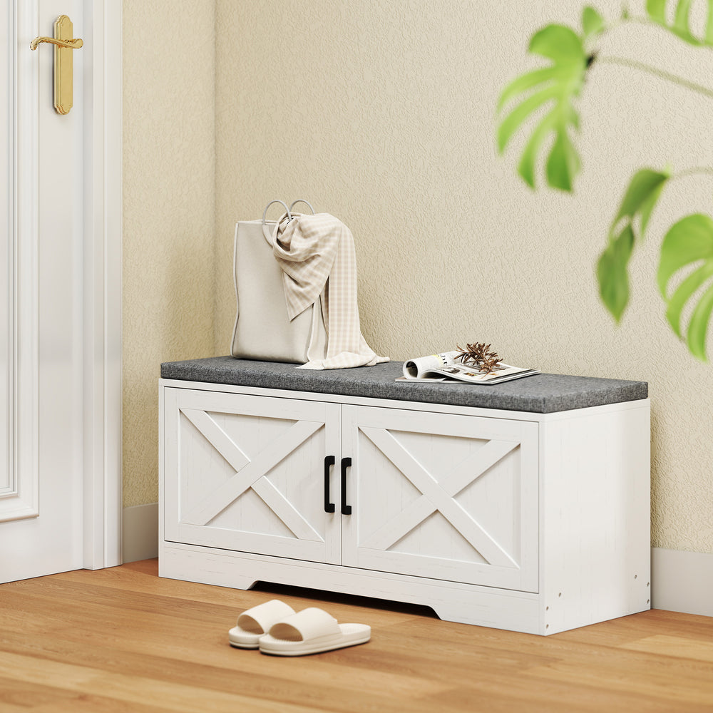 Entryway bench with shoe storage, adjustable shelves and cushion – White and grey