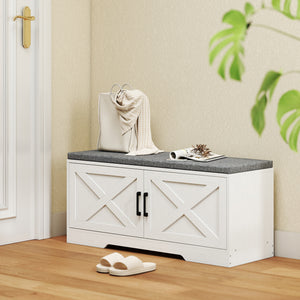 Entryway bench with shoe storage, adjustable shelves and cushion – White and grey