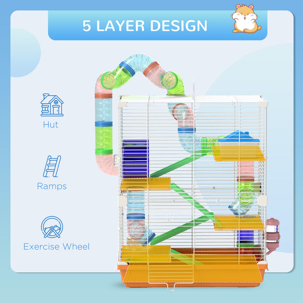 5-Level Portable Hamster Cage with Exercise Wheels, Play Tube, Water Bottle, Bowl, Ladder for Gerbils, Orange