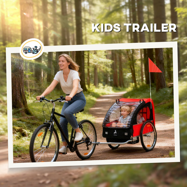 2-seater child bike trailer with 5-point safety harness, red