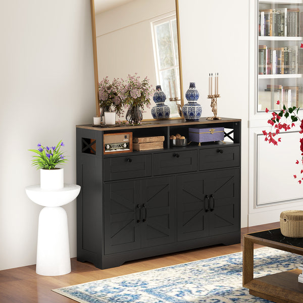 Sideboard with 4 barn doors and 3 drawers, coffee bar cabinet with adjustable shelves, black