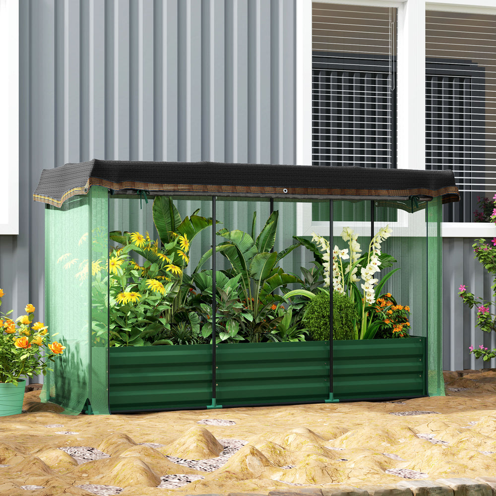 Galvanized steel planter with grow cage and shade cloth for flowers, vegetables and herbs