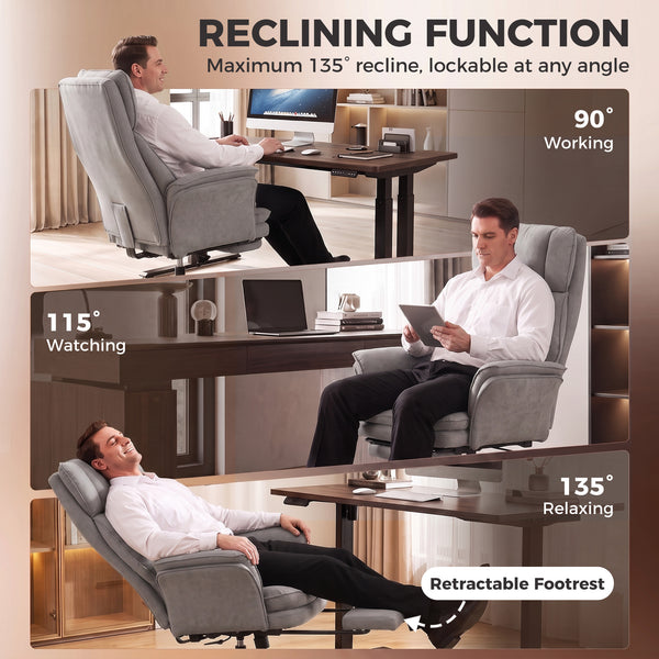 Ergonomic office chair with footrest, flip-up armrests, and 135° reclining backrest, gray