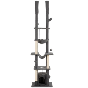 Cat tree 226-254 cm, ceiling height with scratching posts, grooming brush and niche, gray