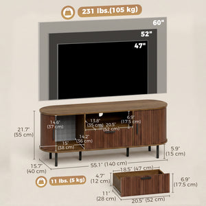 Meuble pour téléviseurs jusqu'à 60 pouces avec portes coulissantes incurvées et rangements, marron