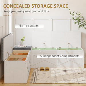 Modular entryway bench with 5 hidden storage compartments and padded cushions – White wood effect
