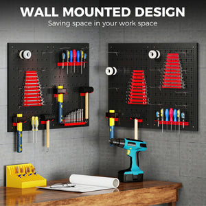 Steel wall tool organizer with 4 panels, 12 holders and 22 hooks – Black and red