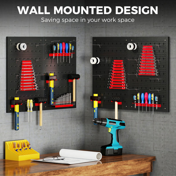 Steel wall tool organizer with 4 panels, 12 holders and 22 hooks – Black and red
