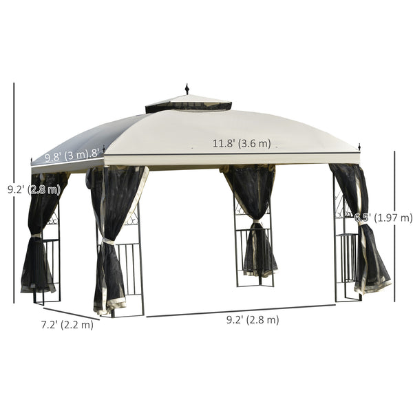 10 x 12 gazebo with double-pitched roof, removable mesh side panels and triangular shelves, beige 