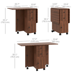 Drop-leaf dining table on casters with drawers, brown