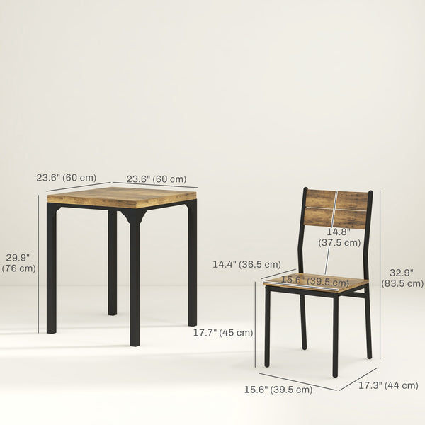 2-person table and chairs set, 3 pieces with metal legs, rustic brown color.