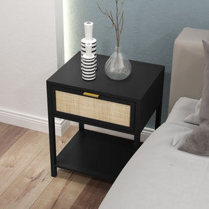 Bohemian bedside table with rattan drawer and open shelf, black