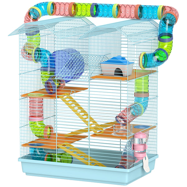 5-Level Hamster Cage for Small Animals with Tunnel System, Exercise Wheel, Water Bottle, Light Blue