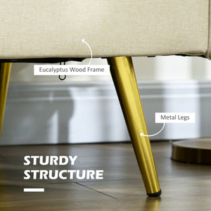 2 seater upholstered sofa with back cushions and pillows, beige