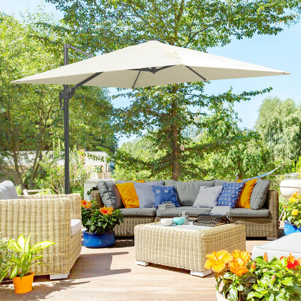 8-foot square cantilever parasol with cross base, cream white