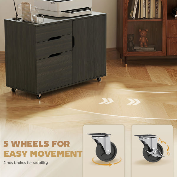 Black wood-effect mobile filing cabinet with file drawer and adjustable storage, dark grey