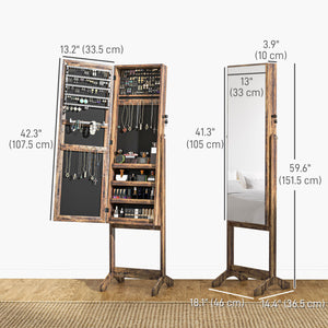 Lockable Jewelry Armoire with Full-Length Mirror and Jewelry Storage, Rustic Brown