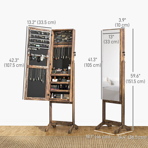 Lockable Jewelry Armoire with Full-Length Mirror and Jewelry Storage, Rustic Brown
