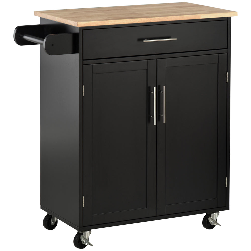 Rolling kitchen cart with wooden top, black