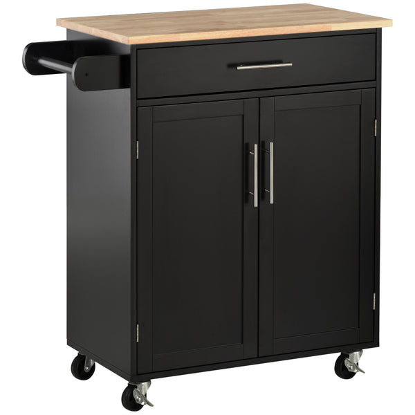 Rolling kitchen cart with wooden top, black