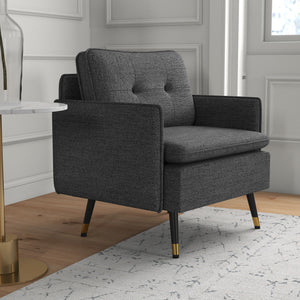 Modern upholstered accent chair with tufted back and steel legs, dark gray