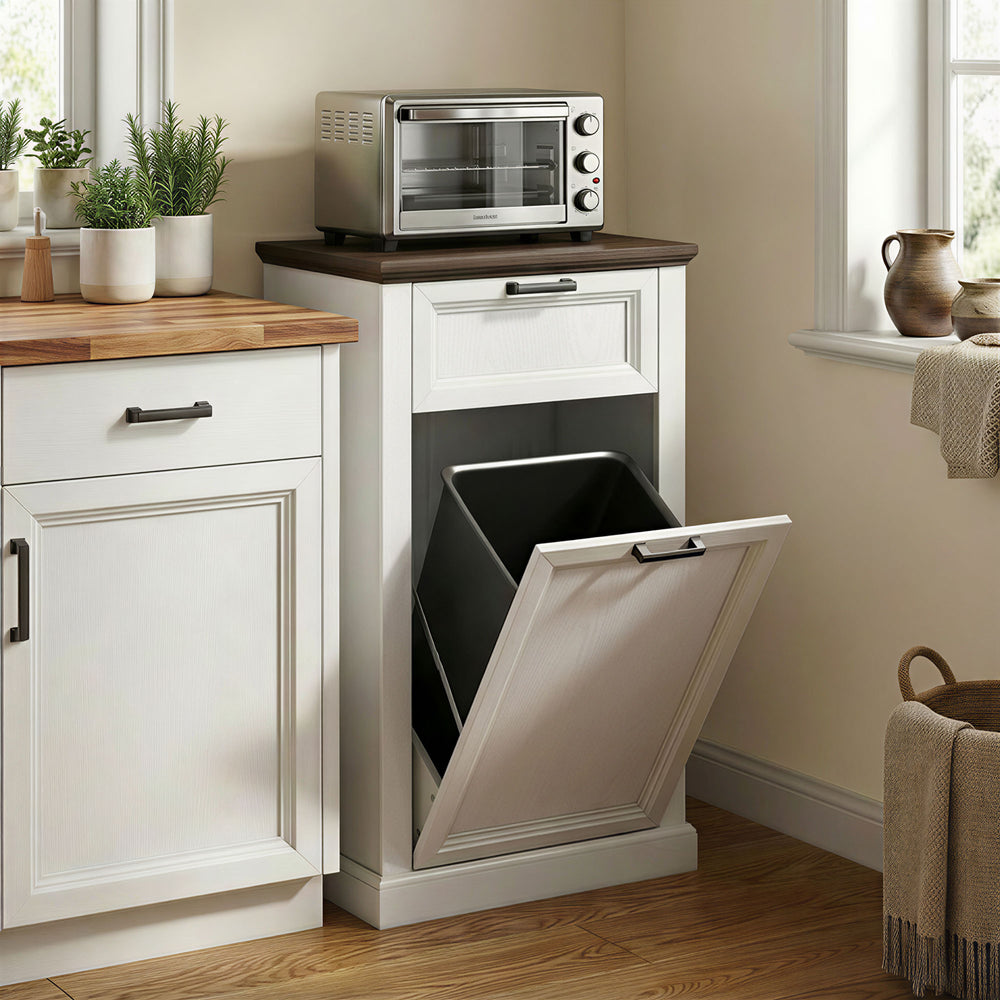 38-liter trash cabinet with drawer, farmhouse style, white wood effect