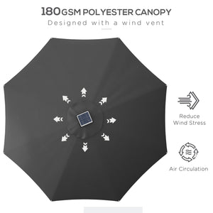 9.6-foot LED light-up parasol with 4 lighting modes, solar and USB charging, anthracite grey