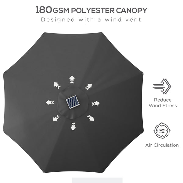 9.6-foot LED light-up parasol with 4 lighting modes, solar and USB charging, anthracite grey