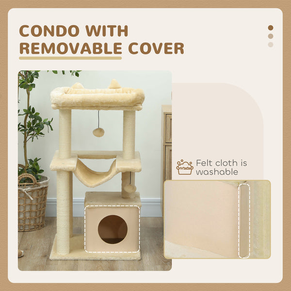 39" Multi-Level Cat Tree with Scratching Post, Hammock, Bed, Ball &amp; Toy - Beige