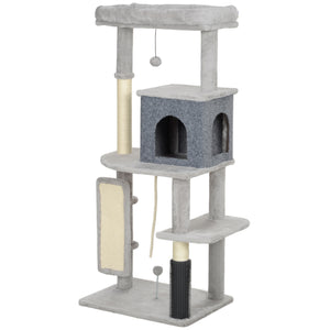132cm Cat Tree with Scratching Posts, Basket, Kennel, Grooming Brush, Grey