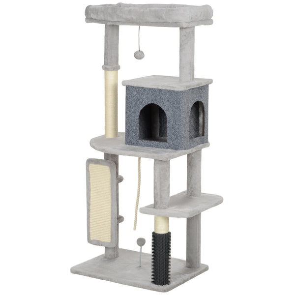 132cm Cat Tree with Scratching Posts, Basket, Kennel, Grooming Brush, Grey