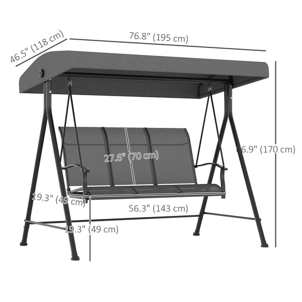 3-seater outdoor swing chair with metal canopy, dark grey