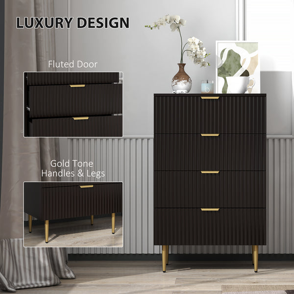 Modern 4-drawer dresser for bedroom, gold legs and handles, black