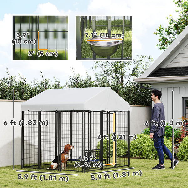 Outdoor Dog Kennel with Waterproof and UV Resistant Cover, 4-Level Rotating and Adjustable Bowls, 1.8 x 1.8 x 1.8 m