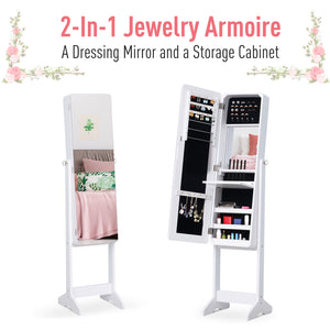 Freestanding jewelry cabinet with mirror, LED lighting and stand, white