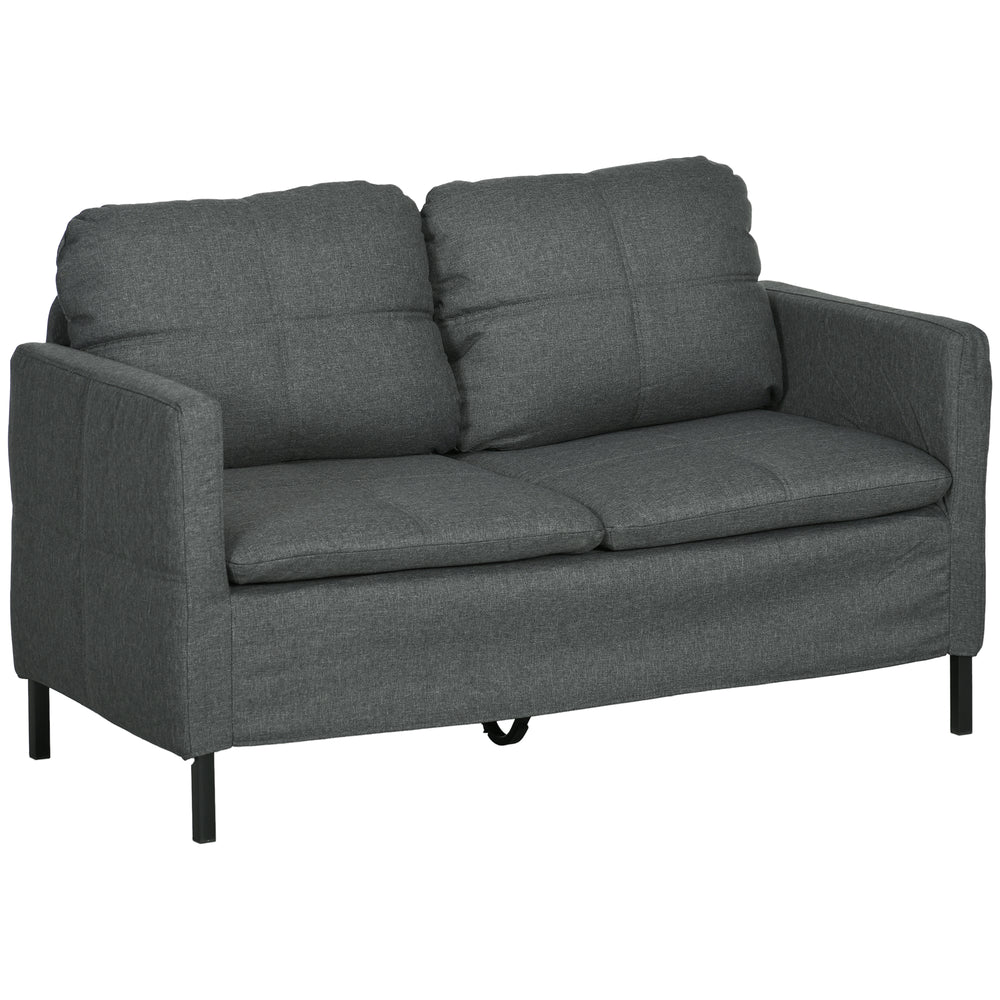 Upholstered 2 seater sofa with sturdy steel legs, dark grey