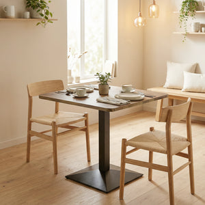 Square dining table with steel base, compact and space-saving, walnut-look.