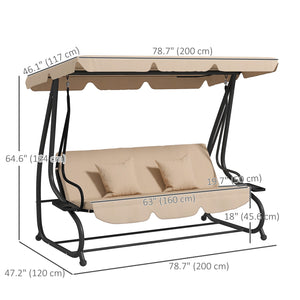 3-seater outdoor swing, convertible into a flat bed with adjustable shade, removable cushions, cup holder, light brown