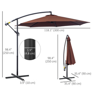 Parasol de terrasse Deluxe 3 m déporté suspendu avec manivelle, base en croix, couleur café