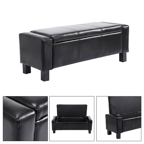 Luxury Faux Leather Upholstered Storage Ottoman Bench, Black