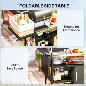 Outdoor BBQ Stand with Foldable Side Table, Stainless Steel Top, Pizza Oven Table with Wheels Hooks Shelves
