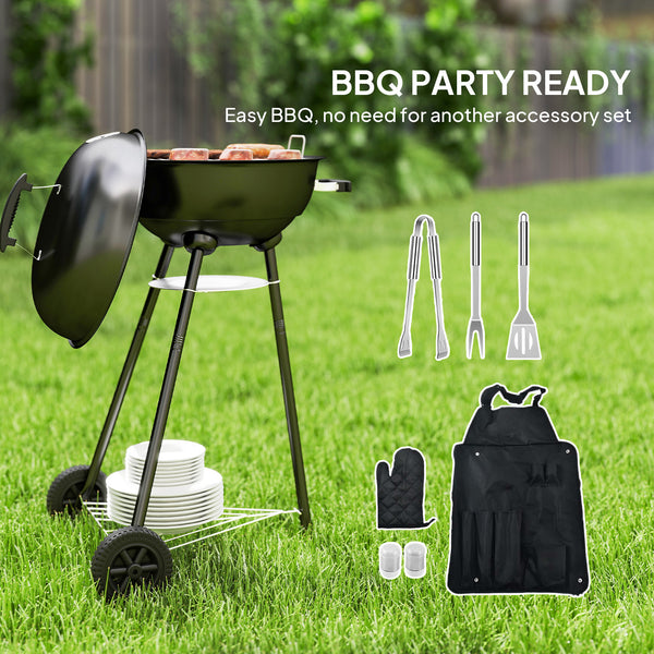 Charcoal barbecue with accessories, shelf and ash collector, black