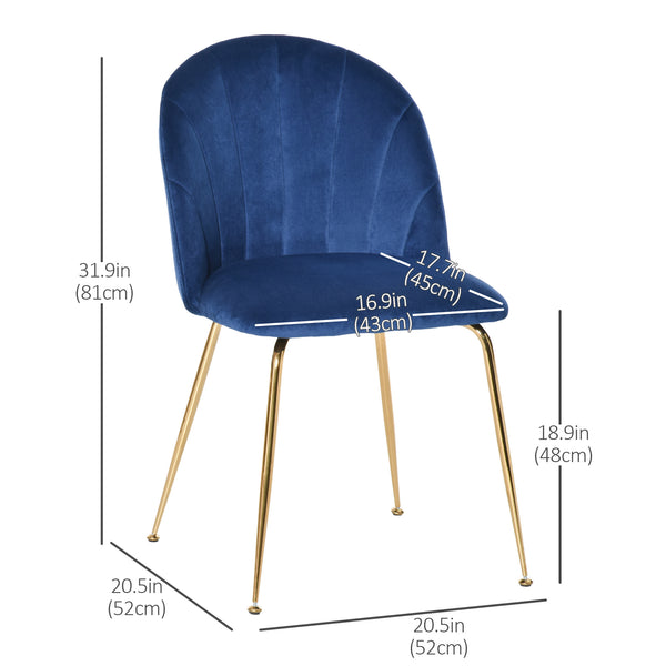 Set of 2 upholstered chairs with gold metal legs, blue