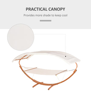 2-person hammock bed and stand set with wooden canopy, white/teak