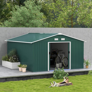 Practical garden shed with 4 ventilation openings and double sliding doors, green