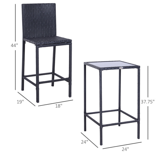 3 Piece Wicker Rattan Garden Bar Set, Bar Stool and Table for Patio, Black