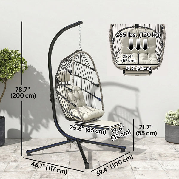 Light gray metal support egg-shaped outdoor hanging chair with retractable footrest