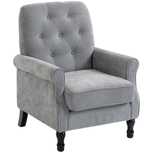 Mid-century modern accent chair with thick padded seat, spring cushion, solid wood legs, gray